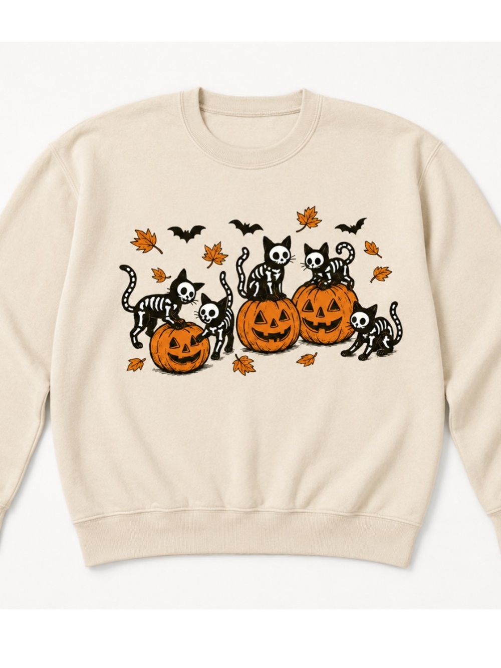 Halloween Skeleton Funny Cat Pumpkin Sweatshirt - Sand Vintage - Picture 2 of 3